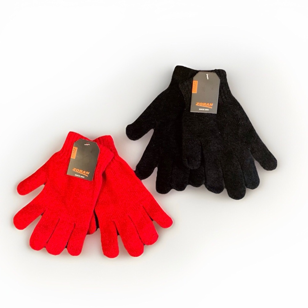 2 Pairs Of Zoran Super Soft Chenille Stretch Gloves-Black & Red